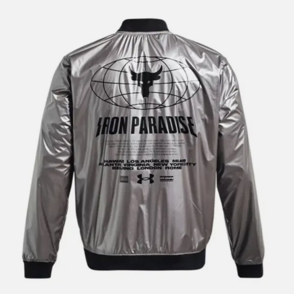 Under Armour Project Rock Iron Paradise Silver Disrupt Bomber Jacket 3XL NWT
